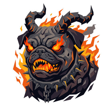 Flat vector dark fantasy icon of a pug corrupted into a snarling hellhound with demon horns and molten fire eyes.