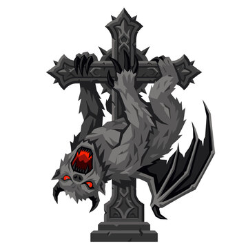 Modern dark fantasy flat vector icon of a terrifying sloth transformed into a stone gargoyle with obsidian claws and glowing eyes.