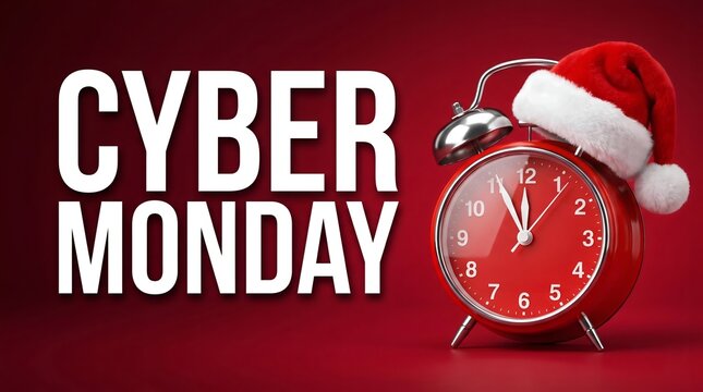 Red clock with Christmas Santa hat and Cyber Monday text. Time for Christmas shopping concept.