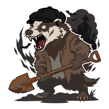 Undead Gravedigger Badger Ghoul Flat Vector Icon