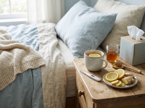 Ginger lemon tea, honey and thermometer for cold and flu at home