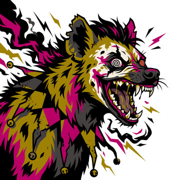 Modern dark fantasy flat vector icon of a deranged hyena wearing clown makeup and a torn jester collar laughing maniacally.