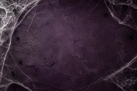 Spooky Halloween cobwebs and black spiders framing a textured dark purple wall