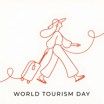 World Tourism Day Continuous Line Art Woman Traveler Suitcase

