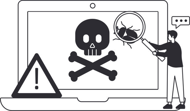 , security analysis, software testing, technical support, magnifying glass, laptop screen, warning sign, skull crossbones, software bug, computer virus,