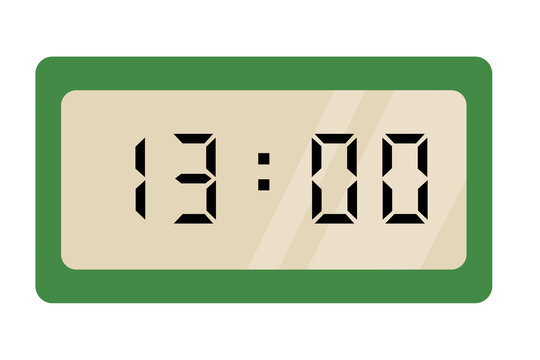 A green and cream digital clock on a white background showing 13:00