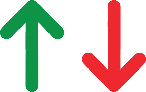 Green up arrow and red down arrow symbols for business growth and decline analysis