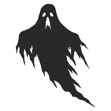 halloween vector icon Black ghost silhouette with flowing cloak and glowing eyes