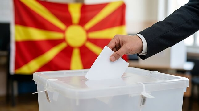 Person casting a vote in a ballot box with the north macedonia flag