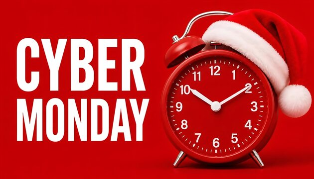 Red clock with Christmas Santa hat and Cyber Monday text. Time for Christmas shopping concept.