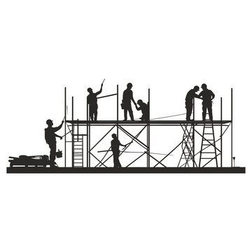 Construction workers building on tall scaffolding platform