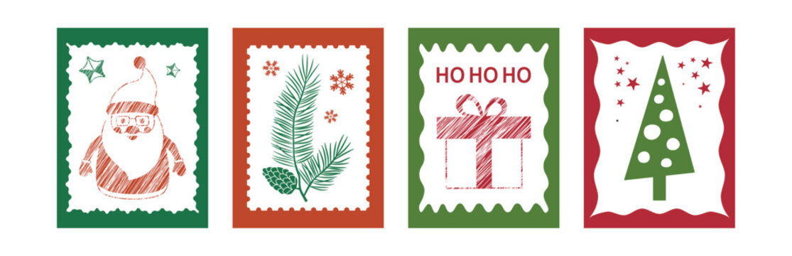 Christmas stamp, holiday frame. Winter postage border, retro Xmas card. Cute crayon color sticker, decoration boarder set isolated on white bg. Noel, pine cone, fir icon. Season vector illustration