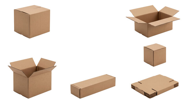 Collection of various brown cardboard shipping boxes in different shapes and sizes for packaging and delivery isolated on a transparent background