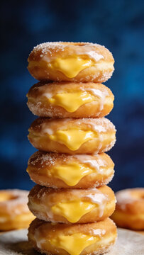 Stack of sugary glazed donuts filled with custard against blue background