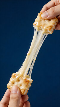 Stretchy melted cheese pulling between two fried bites on blue background