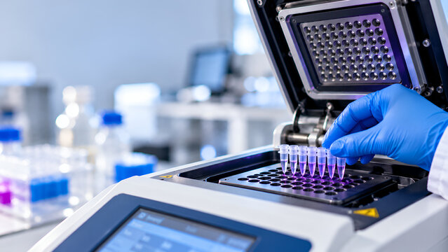 Scientific laboratory PCR thermal cycler machine, researcher loading microcentrifuge tubes, biotechnology DNA analysis and medical testing