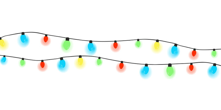 Colorful glowing Christmas light bulbs on a string for decoration