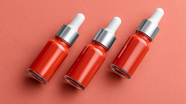 Three red dropper bottles on coral background displaying cosmetic packaging