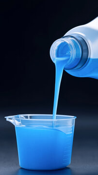Blue liquid detergent pouring into measuring cup on dark background