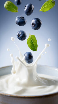 Fresh blueberries and mint splashing into creamy milk with dynamic motion