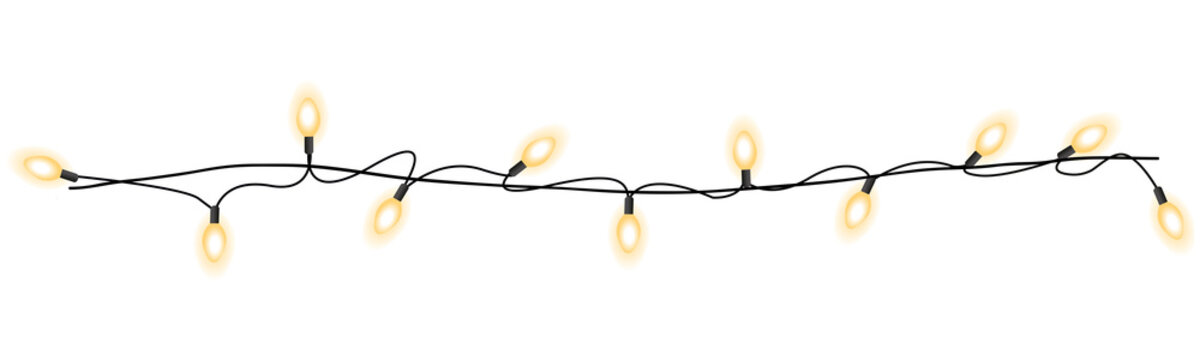 String of glowing yellow Christmas lights on a thin black wire