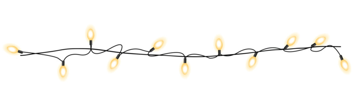 String of glowing yellow Christmas lights on a thin black wire