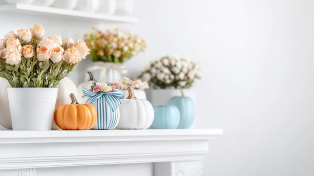 Festive arrangement of decorative pumpkins and flowers for autumn decor on white mantel