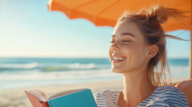 Relaxed young woman enjoying a seaside reading escape under an orange umbrella