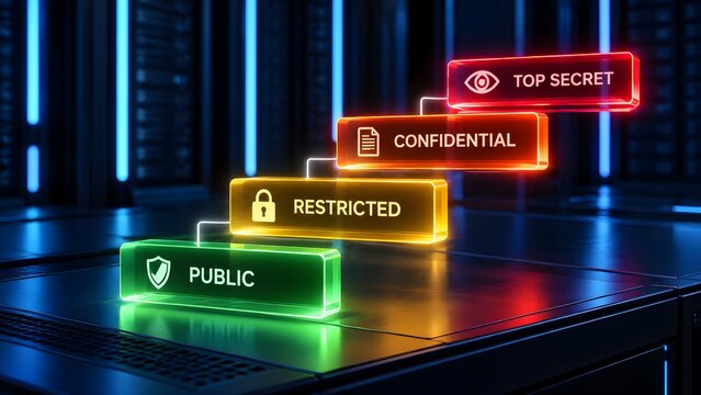 Digital information classification system with glowing blocks showing access levels: Public, Restricted, Confidential, and Top Secret concept.