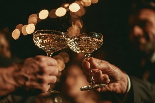 Celebration with champagne glasses held up during an evening event with warm lighting and people in the background