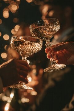 Celebration with champagne glasses raised during an evening event with bright lights at a gathering