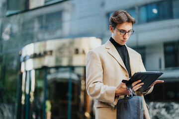 Businessman uses a digital tablet outside an urban office building, supporting mobile work, business technology and productivity. © qunica.com