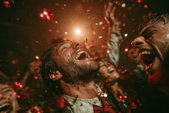 Celebration captures joy and laughter in a lively crowd during a late-night event