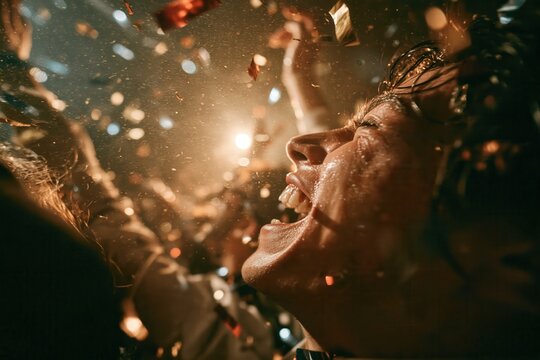 Celebration with confetti in an indoor venue during a lively event at night