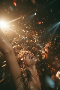 People celebrate at a lively party with confetti falling and lights shining in an indoor venue
