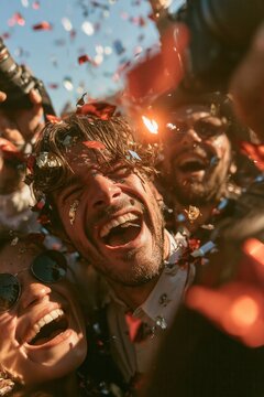 Friends celebrate with laughter and confetti during a fun outdoor event