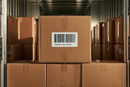 Boxes are stacked in a delivery truck with a visible barcode label for dispatch date