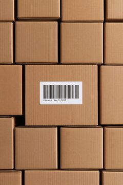 Cardboard boxes stacked together with a visible barcode and dispatch date in a storage area