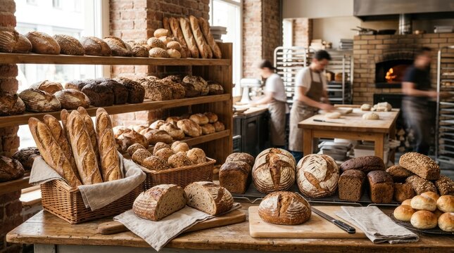 Bread display in a bakery with various types of bread on display.