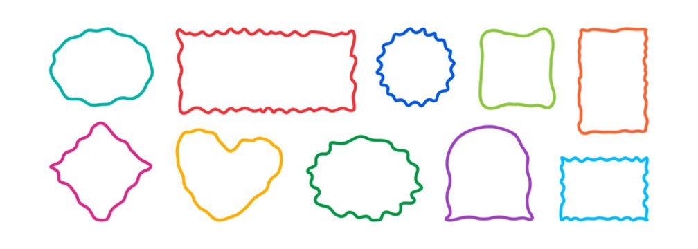 Frame wavy border, fun border hand drawn. Groovy kid rectangle, cute child square. Wiggle text box, squiggle doodle curvy line edge. Colorful zigzag boarder isolated on white bg. Vector illustration