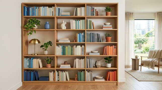 A well-organized wooden bookshelf filled with books, plants, and vases in a modern living room.