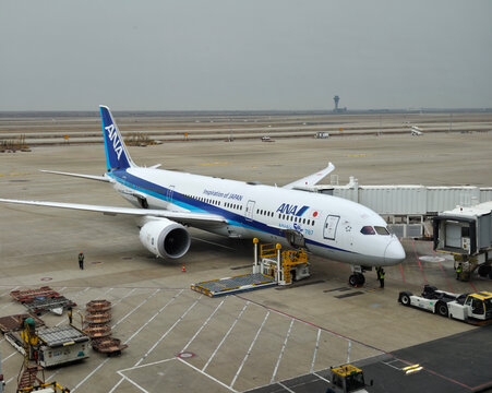 Shanghai, China-Jan.25th 2026: an ANA (All Nippon Airways) Boeing 787 passenger aircraft parked at the apron with ground handling operations at Shanghai Pudong International Airport.