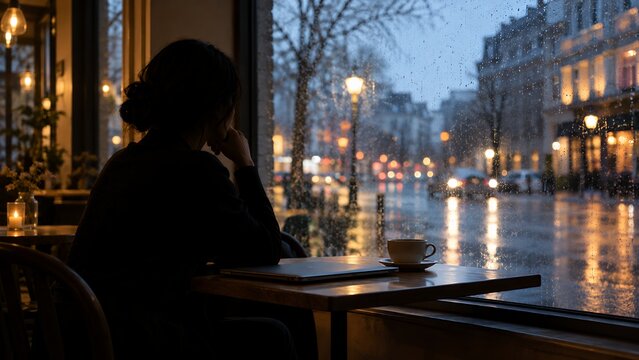 Rainy window cafe entrepreneur with coffee and closed laptop