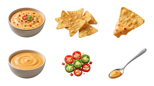 Bowls of melted nacho cheese dip, tortilla chips, sliced jalapenos, and a spoonful of creamy queso sauce isolated on a transparent background