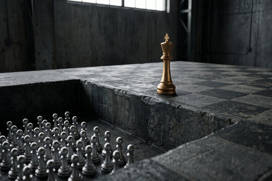 Golden King chess piece overlooking a crowd of silver pawns in a stark industrial setting with dramatic lighting