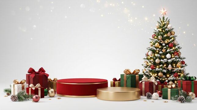 Christmas Product Display with Elegant Gift Boxes and Decorated Evergreen Tree on a Clean White Background