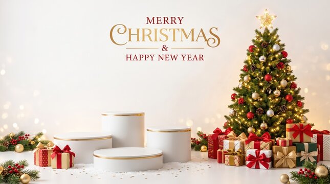 Christmas Product Display with Elegant Gift Boxes and Decorated Evergreen Tree on a Clean White Background