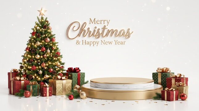 Christmas Product Display with Elegant Gift Boxes and Decorated Evergreen Tree on a Clean White Background