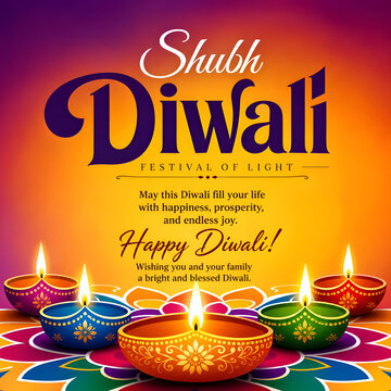 Shubh Diwali festival of light greeting with colorful diyas on rangoli and orange purple gradient