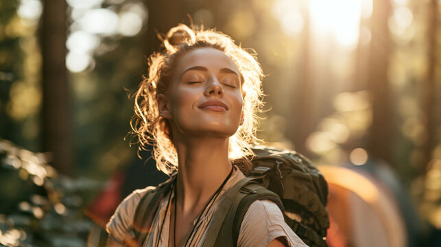 a woman in a forest during golden hour. She is captured in a side profile, her eyes closed, and her head tilted slightly upwards, seemingly lost in thought. She wears a striped shirt and a backpack.